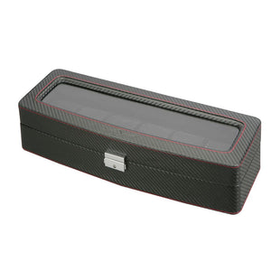 Diplomat Six Watch Case Black Carbon Fiber Pattern Open Top with Black Suede Interior and Lock and Key