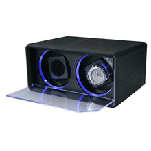 Load image into Gallery viewer, Diplomat Double Watch Winder with Blue LED&#39;s AC Adapter Included.  Smart Internal Bi-Directional Timer Control, Black Leatherette Exterior