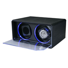 Load image into Gallery viewer, Diplomat Double Watch Winder with Blue LED's AC Adapter Included.  Smart Internal Bi-Directional Timer Control, Black Leatherette Exterior
