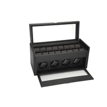 Load image into Gallery viewer, Diplomat Carbon Fiber Pattern Four Watch Winder Black Leatherette Interior 16 Watch Storage Smart Internal Bi-Directional Timer Control