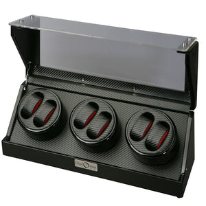 Diplomat Six Watch Winder with Smart Internal Bi-Directional Timer Control,  Gothica Black Wood with Black Carbon Fiber Pattern Interior