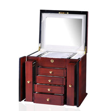 Load image into Gallery viewer, Diplomat Elegant Teak Wood Finish Jewelry Chest with 4 Drawers and 2 Pull Out Chain Racks and Locking Lid With Cream Leatherette Interior