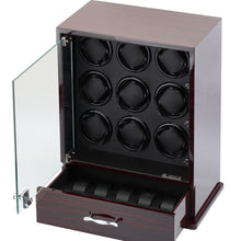 Load image into Gallery viewer, Diplomat Nine Watch Winder 10 Watch Storage Choose from Three Wood Finishes. Locking Glass Door and Smart Internal Bi-Directional Timer Control