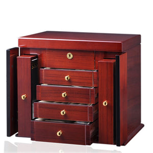 Diplomat Elegant Teak Wood Finish Jewelry Chest with 4 Drawers and 2 Pull Out Chain Racks and Locking Lid With Cream Leatherette Interior