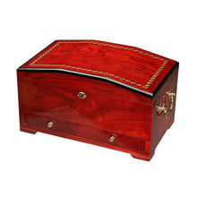 Load image into Gallery viewer, Diplomat Jewelry Chest with Drawer and Two Removable Storage Trays Locking Lid Finished in Highly Polished Teak with Cream Suede Interior