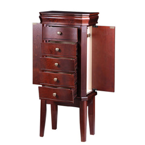 Diplomat Jewelry Armoire with 5 Drawers 2 Side Doors Cream Felt Interior, Cherry Wood Finish and Charging Station area