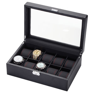 Diplomat Modena Series Watch Case Choose case size 10 or 20 watches. Carbon Fiber Pattern Black Leatherette Interior Red Stitched Accents