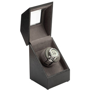 Diplomat Single Watch Winder Battery/AC Powered, Smart Internal Bi-Directional Timer Control, Leatherette Wrapped with Gray Microfiber Suede Interior