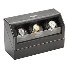 Load image into Gallery viewer, Diplomat Triple Watch Winder, Smart Internal Bi-Directional Timer Control, AC Powered. Black Leather with Gray Microfiber Suede Interior