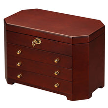 Load image into Gallery viewer, Diplomat Cherry Wood Jewelry Chest With 3 Drawers and Locking Lid and Café Colored Suede Interior