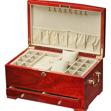 Load image into Gallery viewer, Diplomat Jewelry Chest with Drawer and Two Removable Storage Trays Locking Lid Finished in Highly Polished Teak with Cream Suede Interior