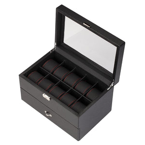Diplomat Modena Series Watch Case Choose case size 10 or 20 watches. Carbon Fiber Pattern Black Leatherette Interior Red Stitched Accents