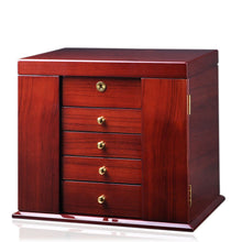 Load image into Gallery viewer, Diplomat Elegant Teak Wood Finish Jewelry Chest with 4 Drawers and 2 Pull Out Chain Racks and Locking Lid With Cream Leatherette Interior