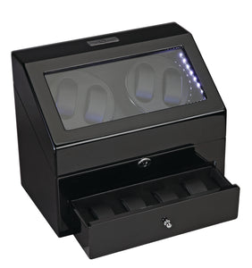 Diplomat Phantom Four Watch Winder 4 Watch Storage AC/Battery Powered LED Lit, Lock and Key. Smart Internal Bi-Directional Timer Control