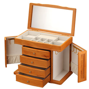Diplomat Jewelry Chest 4 Drawers 2 Side Doors. Choose Oak or Cherry finish. Cream Felt Interior