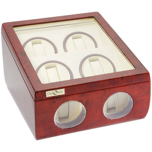 Diplomat Windsor Quad Watch Winder 2 Watch Storage Smart Internal Bi-Directional Timer Control. Burl Wood Finish with Cream Interior