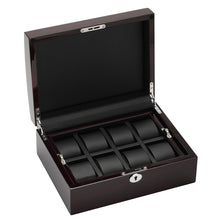 Load image into Gallery viewer, Diplomat Wood Finish Eight Watch Case, Leatherette Interior, Locking Lid, Choose Black Ebony or White