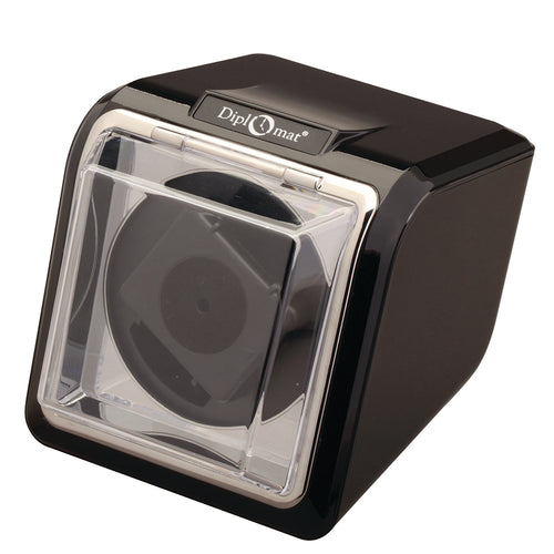 Diplomat Single Watch Winder and Smart Internal Bi-Directional Timer Control, Black Finish with Chrome Accents