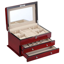 Load image into Gallery viewer, Diplomat Jewelry Chest With 2 Drawers and Locking Lid. High Gloss Cherry Wood Finish and Café Colored Suede Interior
