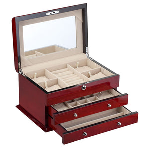 Diplomat Jewelry Chest With 2 Drawers and Locking Lid. High Gloss Cherry Wood Finish and Café Colored Suede Interior