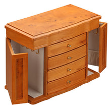 Load image into Gallery viewer, Diplomat Jewelry Chest 4 Drawers 2 Side Doors. Choose Oak or Cherry finish. Cream Felt Interior