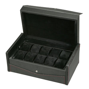 Diplomat Ten Watch Case Black Carbon Fiber Pattern, Red Stitching and Black Suede Interior, Removable Trays