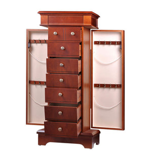 Diplomat Jewelry 7 Drawer Armoire 2 Side Doors, Area for Charging Station. Exterior Mahogany Wood Finish Cream Felt Interior