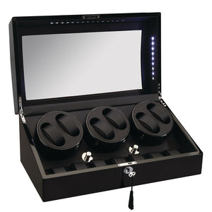 Diplomat Phantom Six Watch Winder 7 Watch Storage Smart Internal Bi-Directional Timer Control, Lock and Key, LED Lit