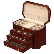 Load image into Gallery viewer, Diplomat Cherry Wood Jewelry Chest With 3 Drawers and Locking Lid and Café Colored Suede Interior