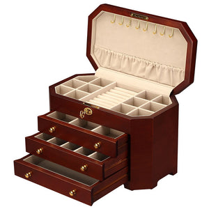Diplomat Cherry Wood Jewelry Chest With 3 Drawers and Locking Lid and Café Colored Suede Interior