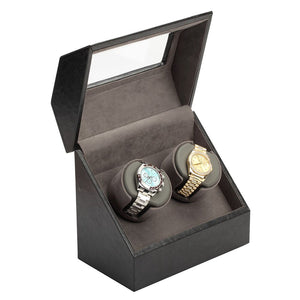 Diplomat Double Watch Winder, Battery/AC Powered. Leather with Microfiber Suede Interior, Smart Internal Bi-Directional Timer Control