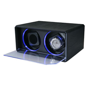 Diplomat Double Watch Winder with Blue LED's AC Adapter Included.  Smart Internal Bi-Directional Timer Control, Black Leatherette Exterior