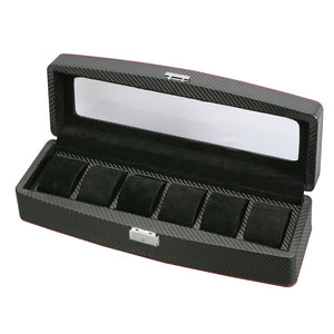 Diplomat Six Watch Case Black Carbon Fiber Pattern Open Top with Black Suede Interior and Lock and Key