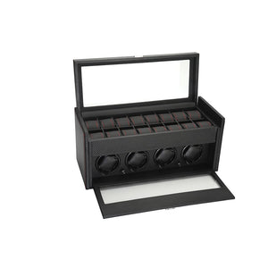 Diplomat Carbon Fiber Pattern Four Watch Winder Black Leatherette Interior 16 Watch Storage Smart Internal Bi-Directional Timer Control