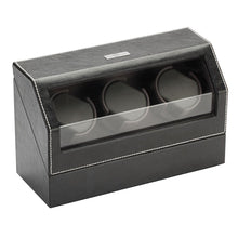 Load image into Gallery viewer, Diplomat Triple Watch Winder, Smart Internal Bi-Directional Timer Control, AC Powered. Black Leather with Gray Microfiber Suede Interior