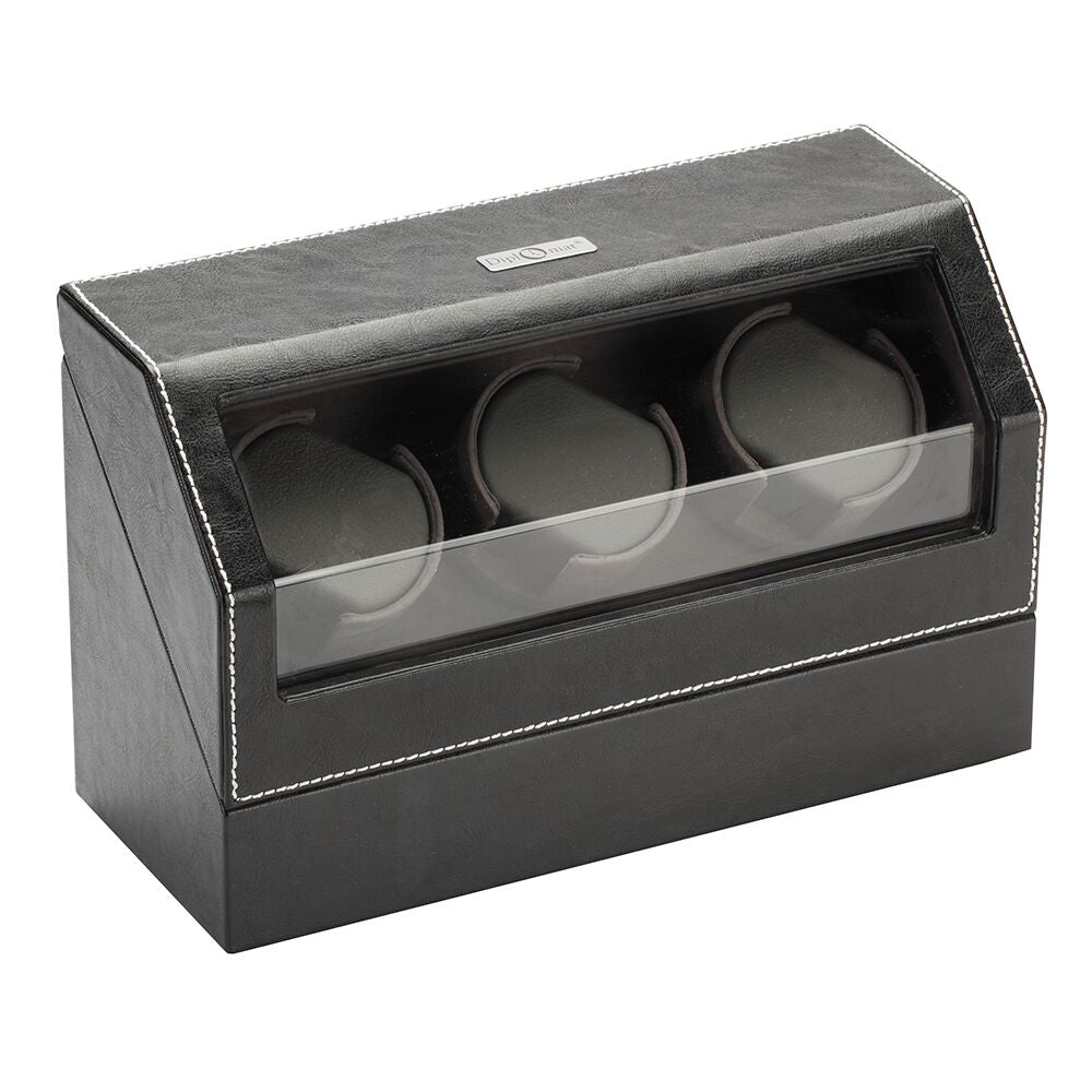 Diplomat Triple Watch Winder, Smart Internal Bi-Directional Timer Control, AC Powered. Black Leather with Gray Microfiber Suede Interior