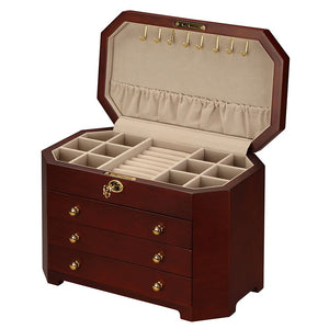 Diplomat Cherry Wood Jewelry Chest With 3 Drawers and Locking Lid and Café Colored Suede Interior