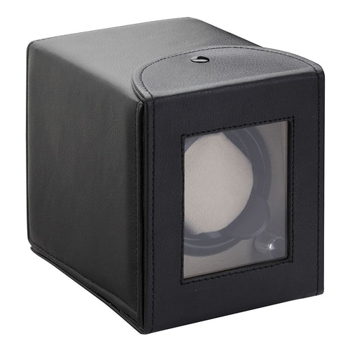 Diplomat Black Single Watch Winder Battery/AC Powered with Smart Internal Bi-Directional Timer Control, Leatherette  with Soft Tan Suede Interior