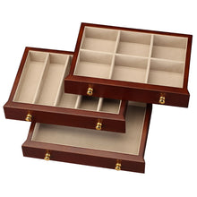 Load image into Gallery viewer, Diplomat Cherry Wood Jewelry Chest With 3 Drawers and Locking Lid and Café Colored Suede Interior