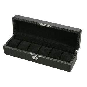 Diplomat Six Watch Case Black Carbon Fiber Pattern with Closed Top Black Suede Interior and Lock and Key