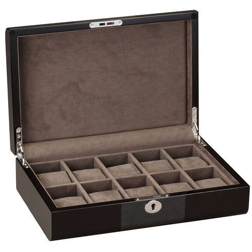 Diplomat Ten Watch Storage, Three Styles. Lock and Key, High Gloss Wood Finish and Center Accents with Soft Interior