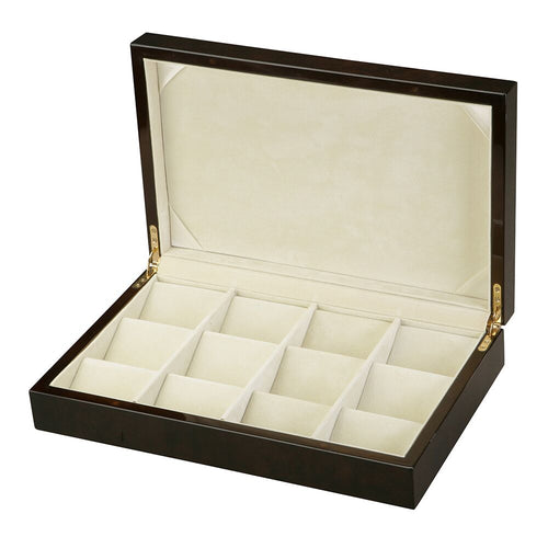 Diplomat Twelve Pocket Watch Case Choose Black or Burl Wood Finish Removable Watch Tray, Cream Suede Interior