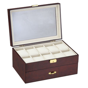 Diplomat Ten Watch Case with Drawer for Pens and Cufflink Storage, Wood Finish with Leatherette Interior