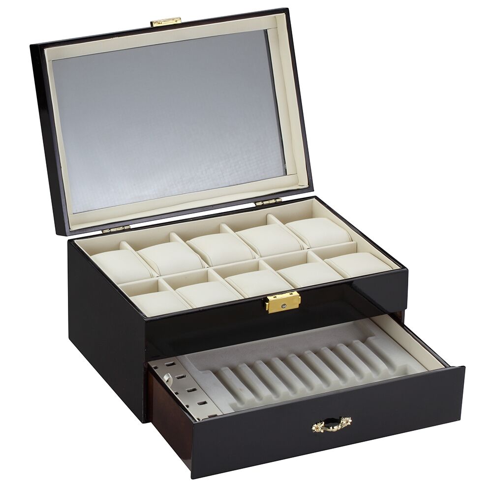 Diplomat Ten Watch Case with Drawer for Pens and Cufflink Storage, Wood Finish with Leatherette Interior