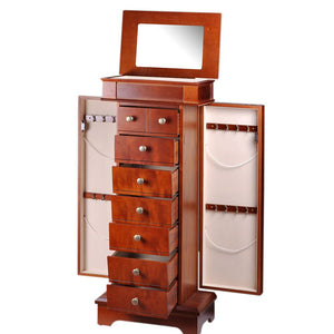Diplomat Jewelry 7 Drawer Armoire 2 Side Doors, Area for Charging Station. Exterior Mahogany Wood Finish Cream Felt Interior
