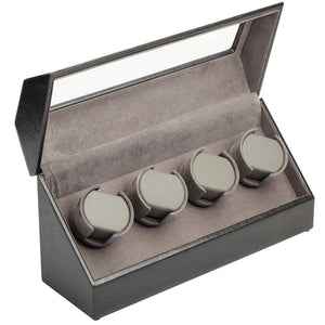 Diplomat Quad Watch Winder, AC Powered. Smart Internal Bi-Directional Timer Control,  Black Leather with Gray Microfiber Suede Interior