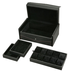 Diplomat Ten Watch Case Black Carbon Fiber Pattern, Red Stitching and Black Suede Interior, Removable Trays