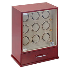 Load image into Gallery viewer, Diplomat Nine Watch Winder 10 Watch Storage Choose from Three Wood Finishes. Locking Glass Door and Smart Internal Bi-Directional Timer Control