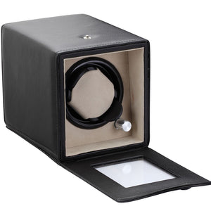 Diplomat Black Single Watch Winder Battery/AC Powered with Smart Internal Bi-Directional Timer Control, Leatherette  with Soft Tan Suede Interior