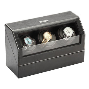 Diplomat Triple Watch Winder, Smart Internal Bi-Directional Timer Control, AC Powered. Black Leather with Gray Microfiber Suede Interior